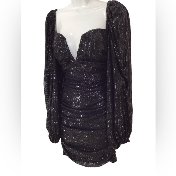 Lady Voxy Black V Neck Sequin Ruched Long Sleeve Mini Dress - Picture 3 of 6
